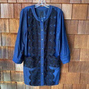 EUC Anna Sui Denim & Lace Button Front Long Sleeve Dress/Tunic in Women's 12